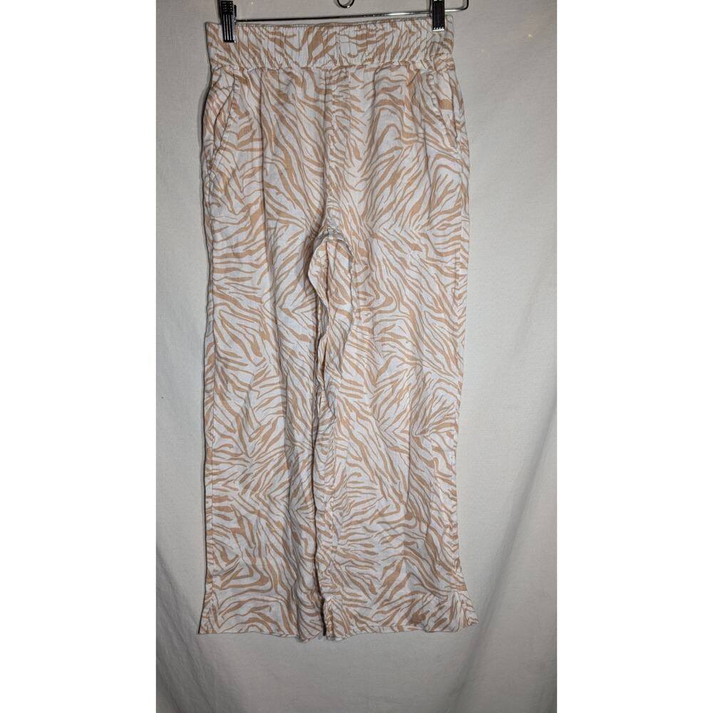 Nicole Miller Womens Zebra Animal Print Wide Leg Pants Sz S Linen White beige